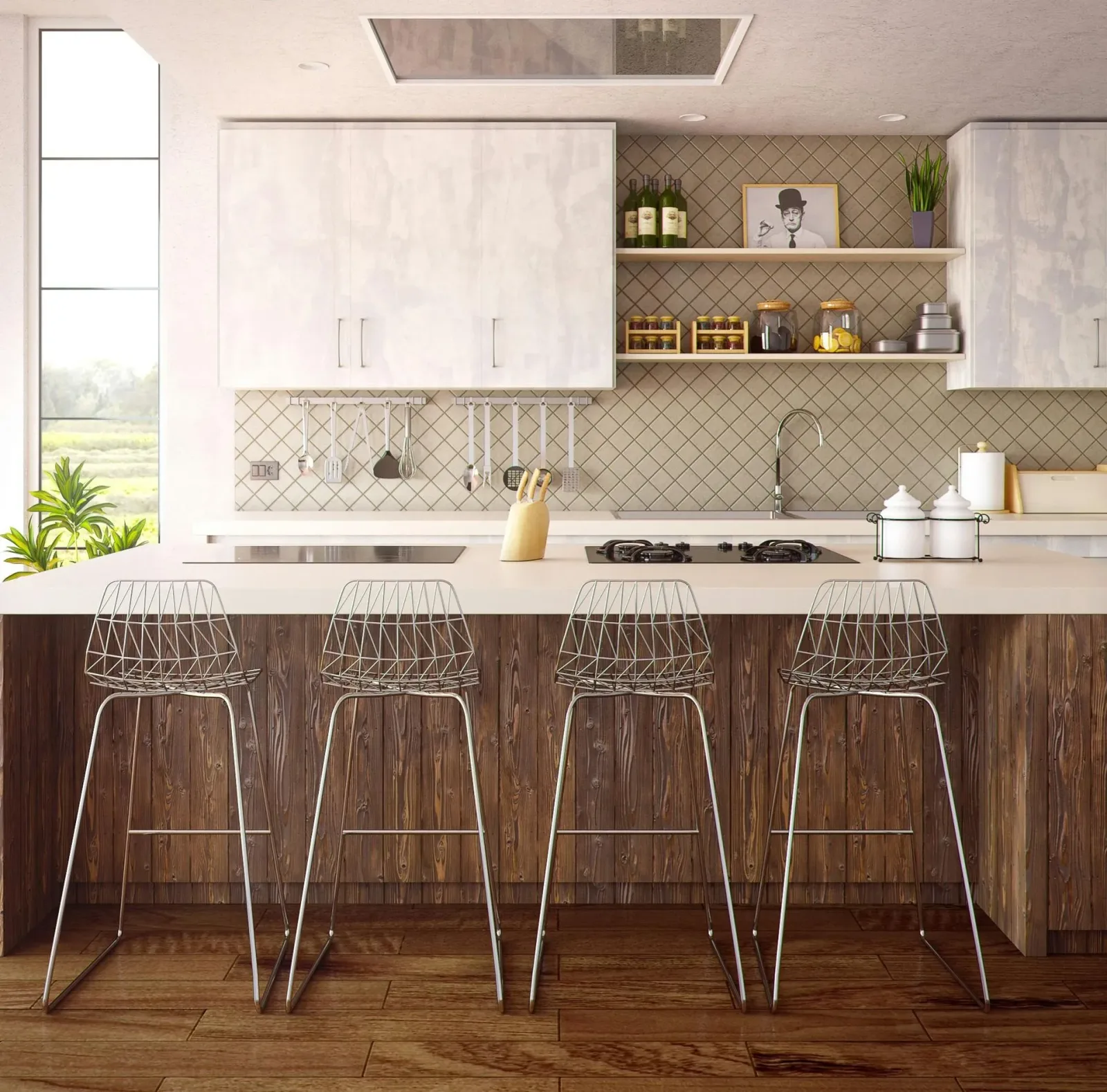 Modern kitchen with white gloss cabinetry and a reclaimed wood island